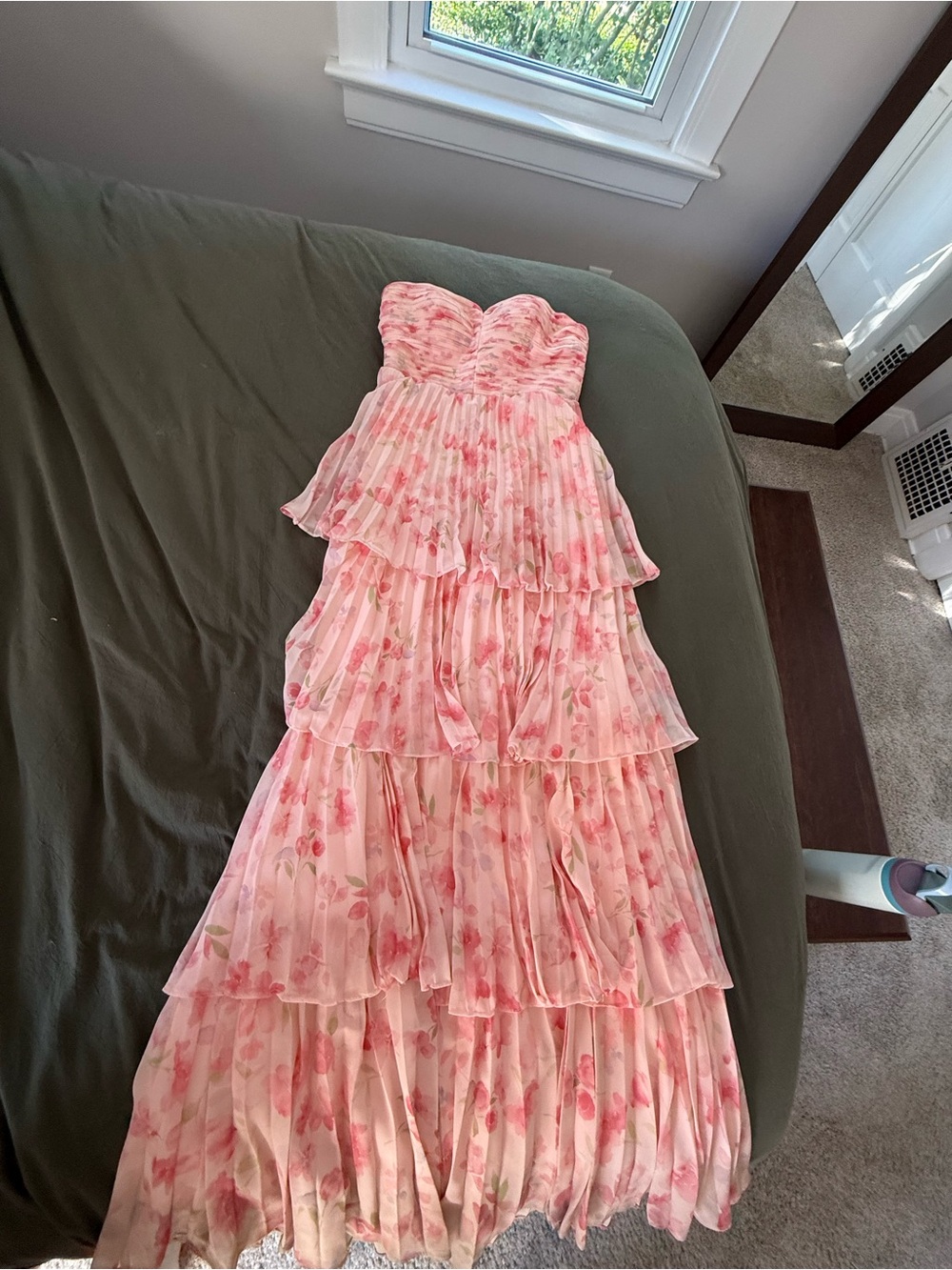 Pink Floral Tiered Strapless Maxi Dress